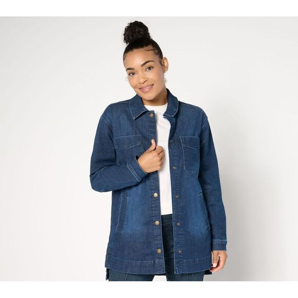 Belle by Kim Gravel Women's Jacket Sz L Stretch Denim High Low Snap Blue A679508 - Picture 1 of 4